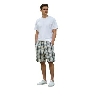 Express Men's Mid Rise Flat Front Chino Shorts Black/White/Blue Plaid Size 34